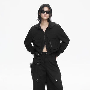 Lapargay Dark Cyberpunk Style, Short Hooded Jacket with Multi-Pocket Cargo Design L78101212S - Lapargay