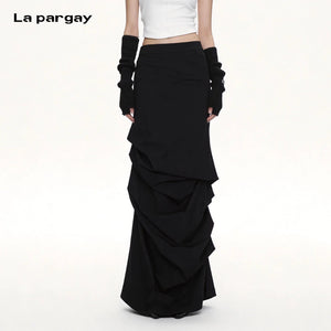 Lapargay dark pleated long skirt, three-dimensional layered tailoring, slim and figure-flattering style L66309185C - Lapargay