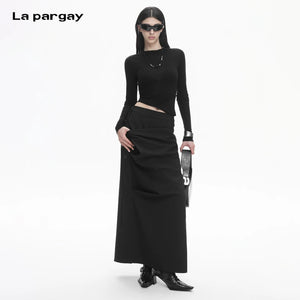 Lapargay deconstructed pleated long skirt, single side button row, high-waisted slimming little black skirt L78109112V - Lapargay