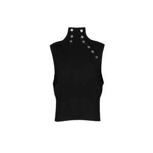 Lapargay Diagonal Button High Neck Knit Vest, Ribbed Waist, Cool Sleeveless Crop Top L78108205V - Lapargay