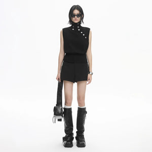 Lapargay Diagonal Button High Neck Knit Vest, Ribbed Waist, Cool Sleeveless Crop Top L78108205V - Lapargay