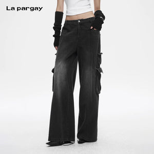 Lapargay Distressed Denim Casual Pants Stitched Line Design Multi-Pocket Cargo Pants L78202604V - Lapargay