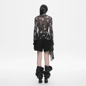 Lapargay Distressed Letter Print Sheer Pleated Chiffon Slim Fit Long-Sleeve Shirt L78201004V - Lapargay