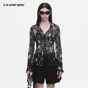 Lapargay Distressed Letter Print Sheer Pleated Chiffon Slim Fit Long-Sleeve Shirt L78201004V - Lapargay