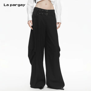 Lapargay Double Waistband Casual Pants, Ribbon Decoration, Pleated Wide-leg Trousers L78102602V - Lapargay