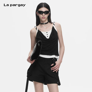 Lapargay Fake Layered Camisole T-Shirt with Twisted Straps, Slimming and Figure-Flattering Layered Top L78200104C - Lapargay