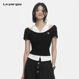 Lapargay faux two-piece shirt collar splicing, large U-neck off-shoulder, short fitted waist slit L78200203C - Lapargay