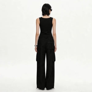 Lapargay functional wide-leg casual pants double side pockets elastic drawstring waist L75102601S - Lapargay