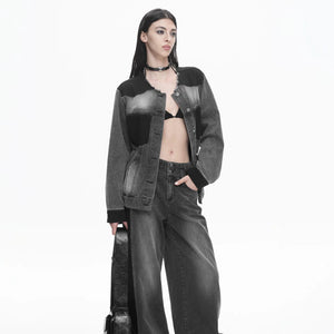 Lapargay Gradient Washed Short Jacket with Contrast Panels, Frayed Round Neck Denim Jacket L78101231V - Lapargay