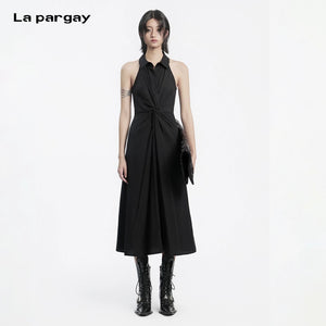 Lapargay Halter Neck Notch Lapel Little Black Dress, Twist Waist, Single-Breasted Long Dress L78209007V - Lapargay