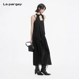 Lapargay Halter Neck Sleeveless Little Black Dress, Asymmetric Tailoring, Long Strap Dress L78209011V - Lapargay