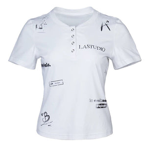 Lapargay Henley Button Placket T-Shirt with Hand-Drawn Graffiti Print, Slimming and Figure-Flattering Top L78200211C - Lapargay