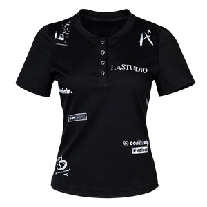 Lapargay Henley Button Placket T-Shirt with Hand-Drawn Graffiti Print, Slimming and Figure-Flattering Top L78200211C - Lapargay