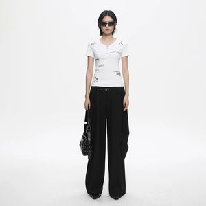 Lapargay Henley Button Placket T-Shirt with Hand-Drawn Graffiti Print, Slimming and Figure-Flattering Top L78200211C - Lapargay
