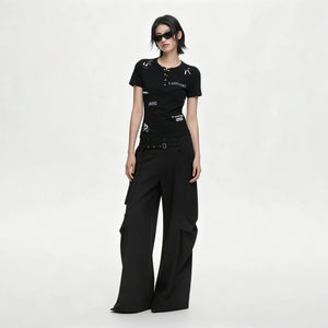 Lapargay Henley Button Placket T-Shirt with Hand-Drawn Graffiti Print, Slimming and Figure-Flattering Top L78200211C - Lapargay