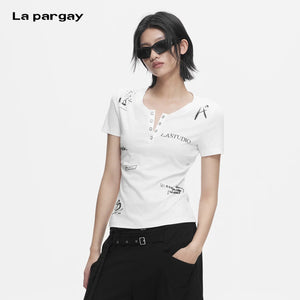 Lapargay Henley Button Placket T-Shirt with Hand-Drawn Graffiti Print, Slimming and Figure-Flattering Top L78200211C - Lapargay