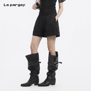 Lapargay High-Waist Casual Shorts, Neat Suit Tailoring, Turn-Up Hem Design L78202302C - Lapargay