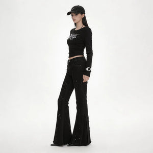 Lapargay High Waist Flared Style Star Rhinestone Embellishment Irregular Raw Hem Pants L78102630V - Lapargay
