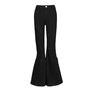 Lapargay High Waist Flared Style Star Rhinestone Embellishment Irregular Raw Hem Pants L78102630V - Lapargay