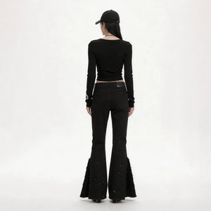 Lapargay High Waist Flared Style Star Rhinestone Embellishment Irregular Raw Hem Pants L78102630V - Lapargay