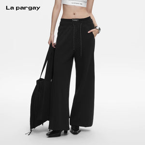 Lapargay High-waist Wide-leg Pants with Dropped Waistband, Double Elastic Waist, Loose Trouser Legs Versatile L78102804C - Lapargay