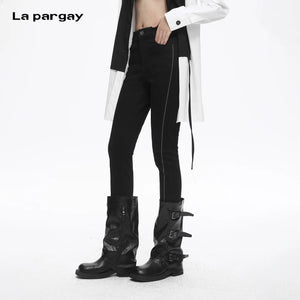 Lapargay high-waisted elastic casual pants, metal button placket design, optimized body proportions L78102501C - Lapargay