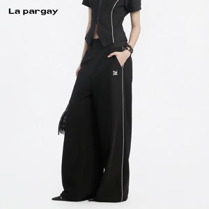 Lapargay high-waisted wide-leg casual pants side white line trim drawstring hem design L78202801V - Lapargay