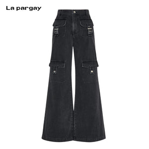 Lapargay high-waisted wide-leg denim long pants, multi-pocket design, washed distressed process L78102635V - Lapargay