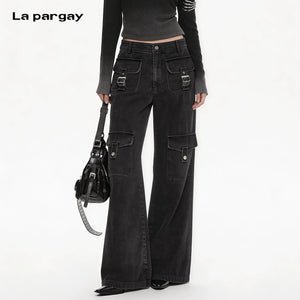 Lapargay high-waisted wide-leg denim long pants, multi-pocket design, washed distressed process L78102635V - Lapargay