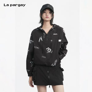 Lapargay Hooded Drawstring Short Jacket, Half Placket Design, Elastic Hem L78201902V - Lapargay