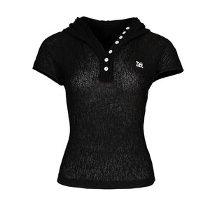 Lapargay hooded short-sleeve V-neck T-shirt slim fit slimming half-placket button front L78200220V - Lapargay