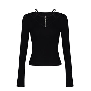 Lapargay Hot Girl Halter Neck Long Sleeve T-Shirt Off-Shoulder Two-Piece Zipper Waist-Cinching Short Style L75100306C - Lapargay