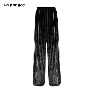 Lapargay ice-feel velvet fabric, side white trim, figure-flattering wide-leg long pants L78102633V - Lapargay