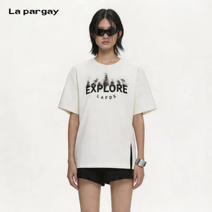Lapargay Ink Forest Print Side Slit Design Comfortable Loose White T-shirt L75200212C - Lapargay