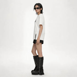 Lapargay Ink Forest Print Side Slit Design Comfortable Loose White T-shirt L75200212C - Lapargay