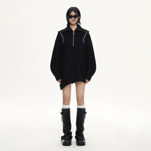 Lapargay Irregular Hem Knitted Long Coat Metal Double Zipper Wide Lapel L66301910C - Lapargay