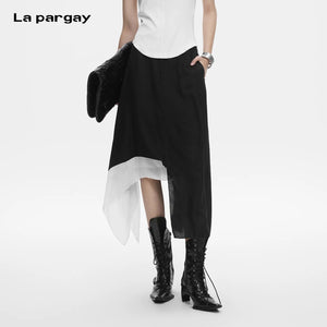 Lapargay irregular long half skirt with double-layer splicing and black-and-white contrast L78209102C - Lapargay