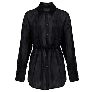Lapargay lapel long shirt, elastic drawstring waist, pleated texture casual style L78201001C - Lapargay