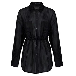 Lapargay lapel long shirt, elastic drawstring waist, pleated texture casual style L78201001C - Lapargay