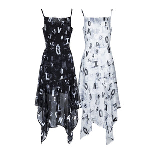 Lapargay Letter Print Strap Dress, Cinched Waist Slim Fit, Irregular Mesh Long Dress L78209009V - Lapargay