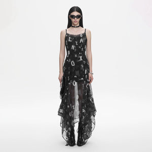 Lapargay Letter Print Strap Dress, Cinched Waist Slim Fit, Irregular Mesh Long Dress L78209009V - Lapargay