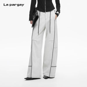 Lapargay light gray washed denim wide-leg pants, contrast design, double drawstring adjustable waist L78102622V - Lapargay