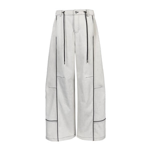 Lapargay light gray washed denim wide-leg pants, contrast design, double drawstring adjustable waist L78102622V - Lapargay