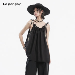 Lapargay Loose Sleeveless Camisole Top Adjustable Straps Pleated Design L78200103V - Lapargay