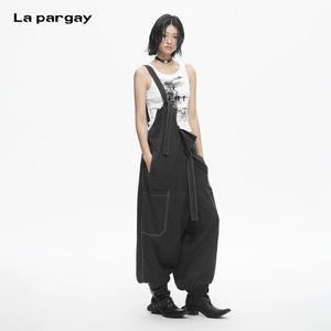 Lapargay Loose Wide Leg Overall Dress Adjustable Straps Dropped Crotch Design Contrast Stitching L78202702V - Lapargay
