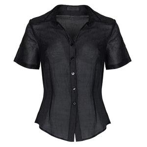 Lapargay Matte Crinkle Short-Sleeve Shirt with Single-Breasted Button Front and Textured Pleats L78201007V - Lapargay