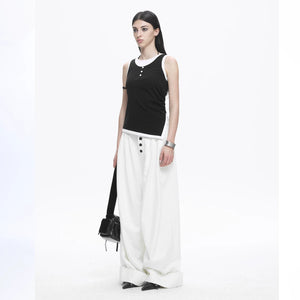 Lapargay Mid-High Waist Wide Leg Pants Contrast Buttons Casual High Street L78102640V - Lapargay