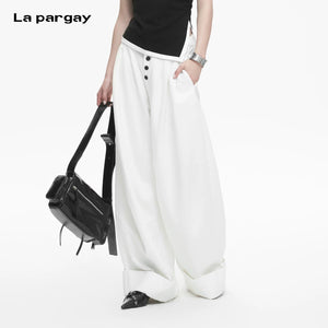 Lapargay Multi-Button Fly Casual Pants with High-Waist Pleats, Cuffed Wide Leg Long Pants L78102640V - Lapargay