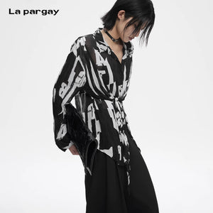 Lapargay Notch Lapel Single-Breasted Design, Light and Breathable Chiffon Top, Wearable with Cinched Waist L78201003C - Lapargay