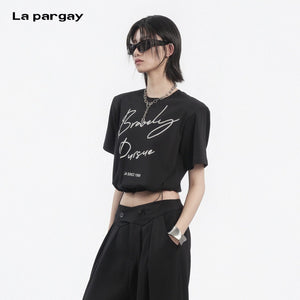 Lapargay Padded Shoulder Cropped T-shirt Adjustable Drawstring Optimizes Body Proportion L78200227C - Lapargay